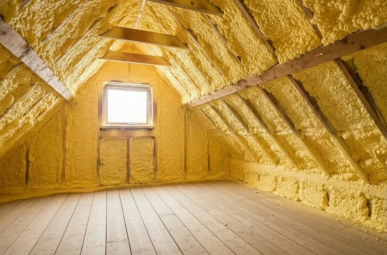 Problematic spray foam insulation applied to attic rafters before professional spray foam removal service