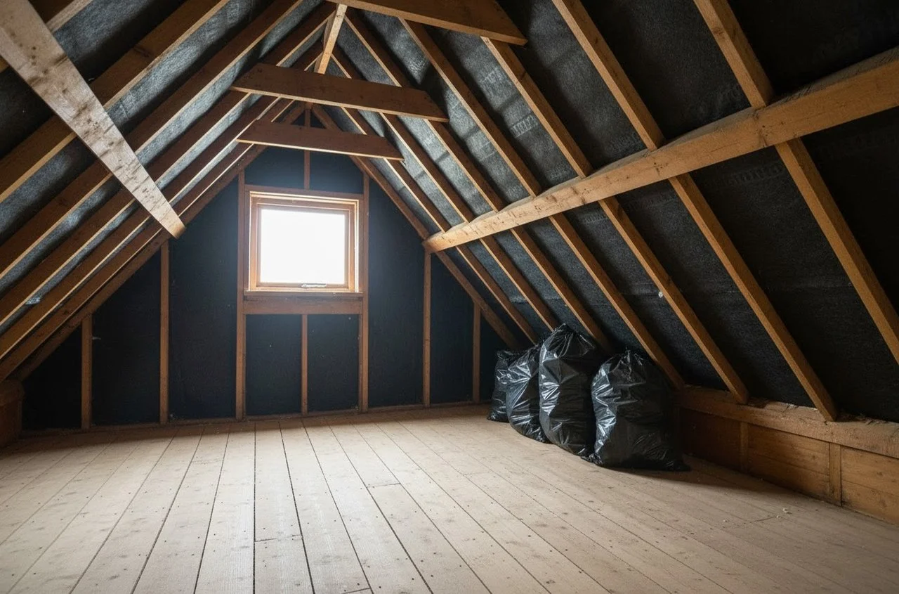 spray foam removal service completed, loft structure fully restored with exposed timber rafters and improved roof ventilation