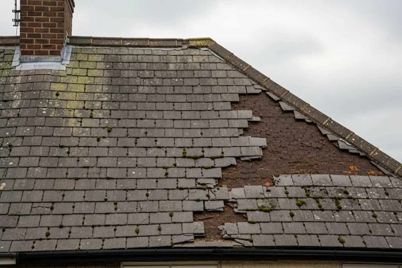 Worn and moss-covered roof tiles on London property prior to professional roof replacement service