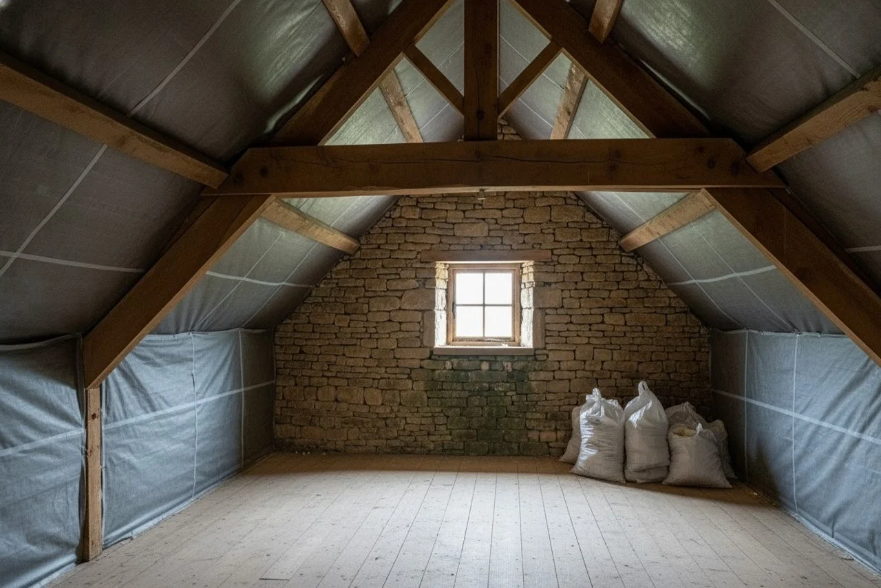 Loft after professional spray foam removal in Bristol, clean roof timbers and restored attic space