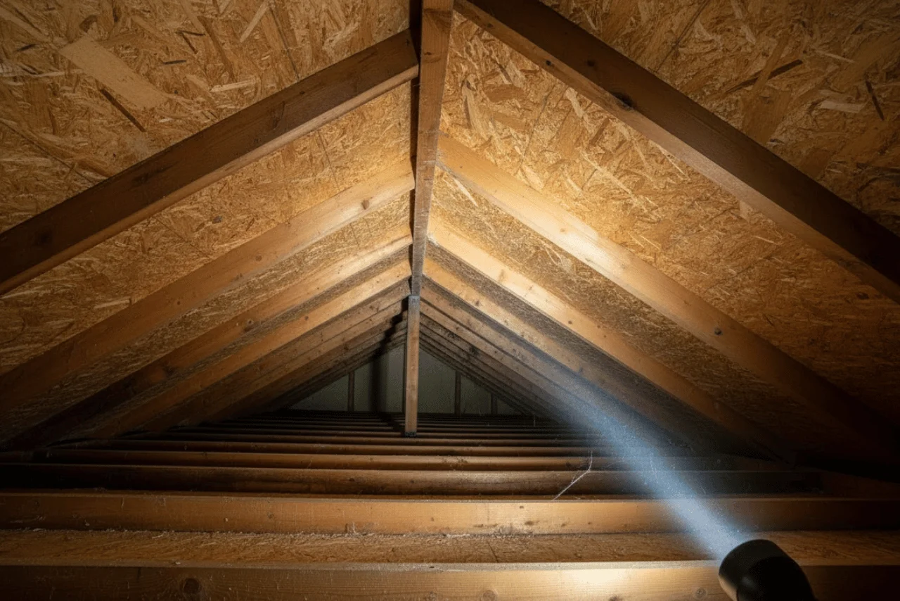 Professional spray foam removal completed in Cambridgeshire loft, exposed timber rafters visible