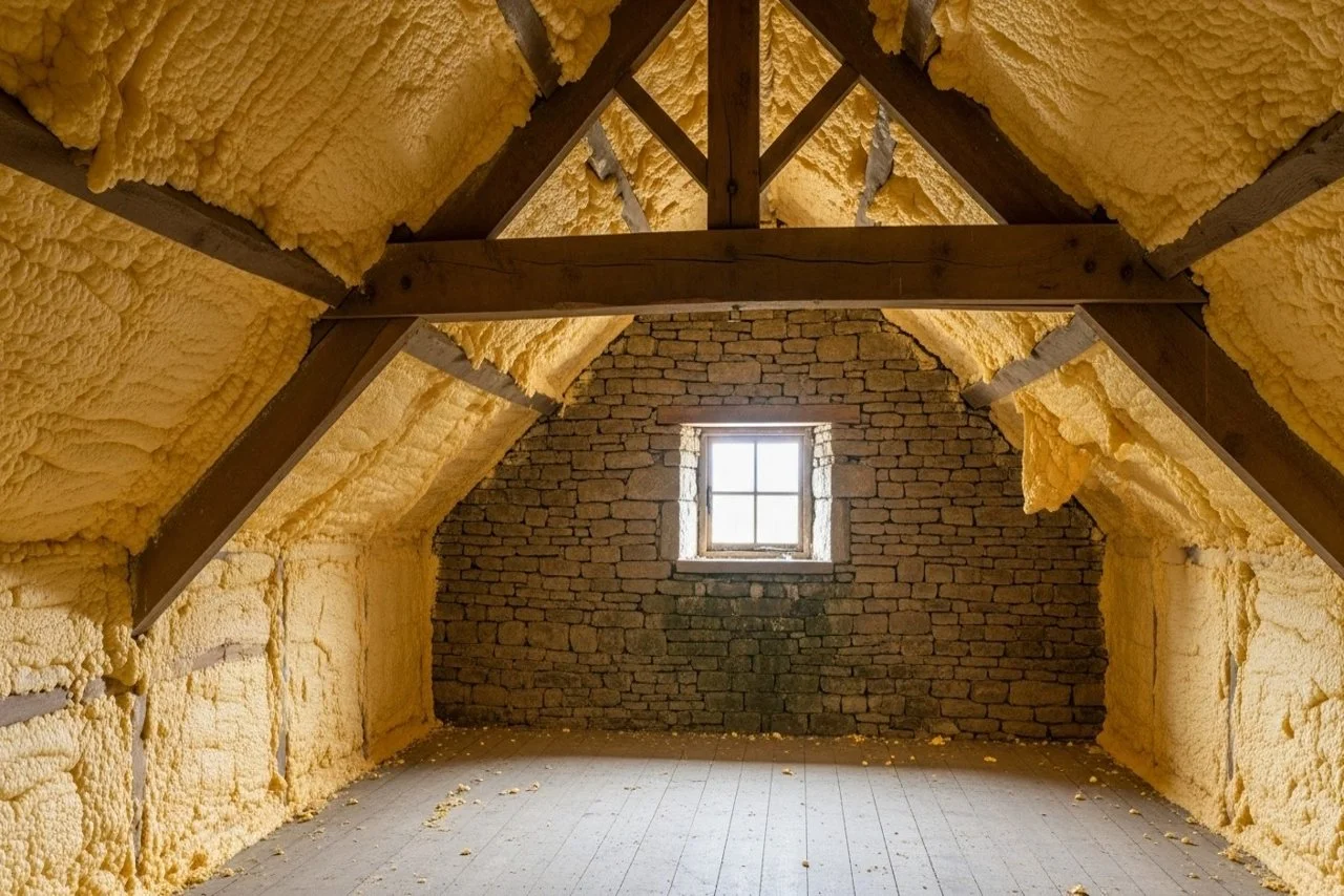 Problematic spray foam insulation on attic rafters in Lancashire property