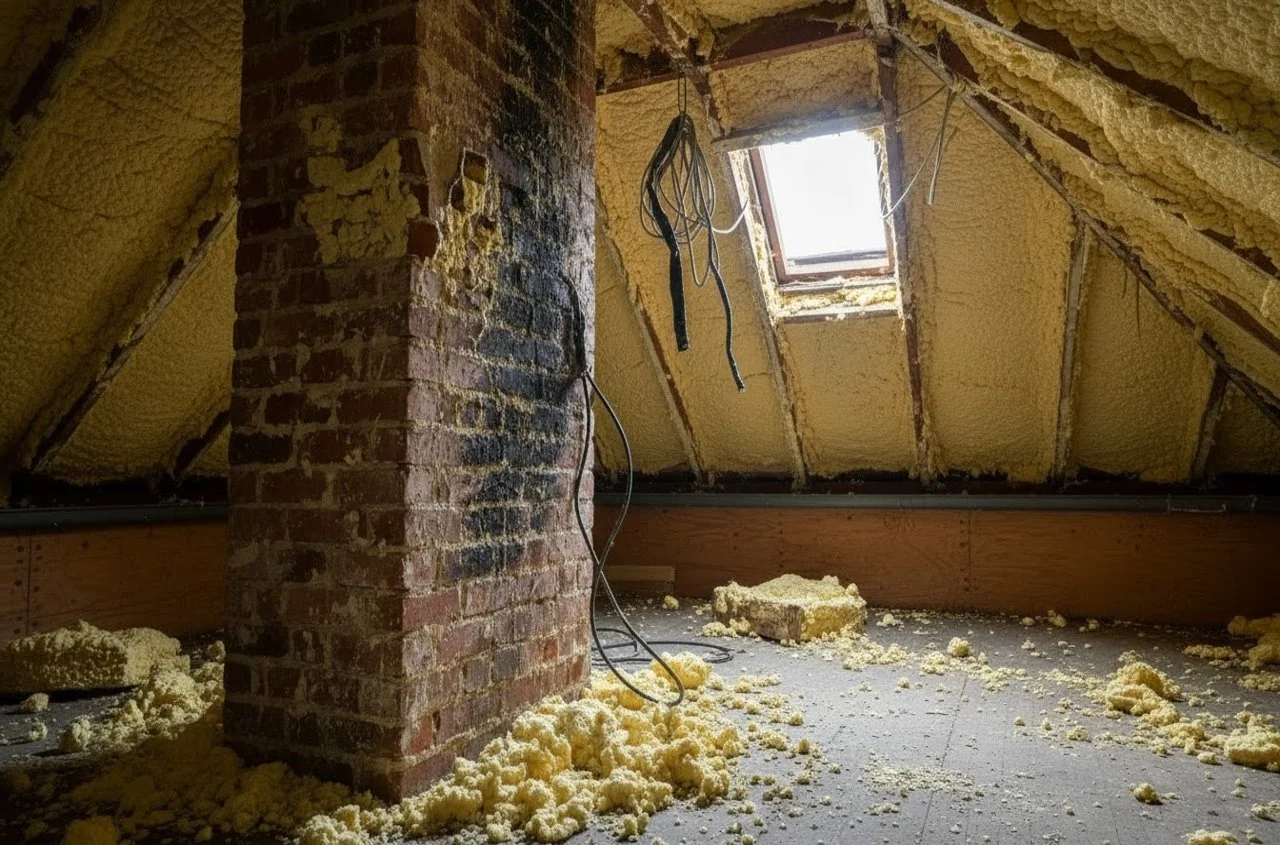 Problematic spray foam insulation on attic rafters in Northamptonshire property