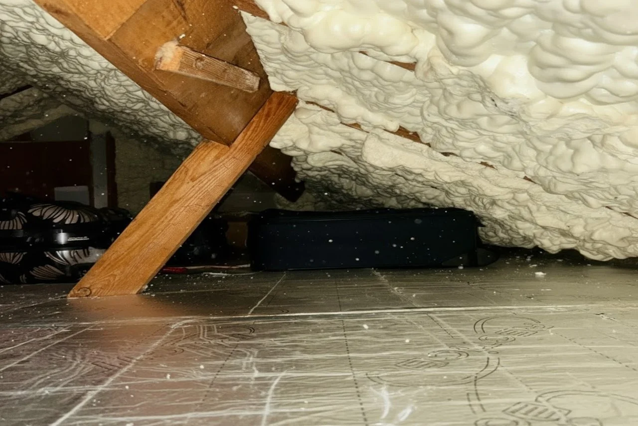 Problematic spray foam insulation applied to attic rafters prior to spray foam removal service in Cumbria property