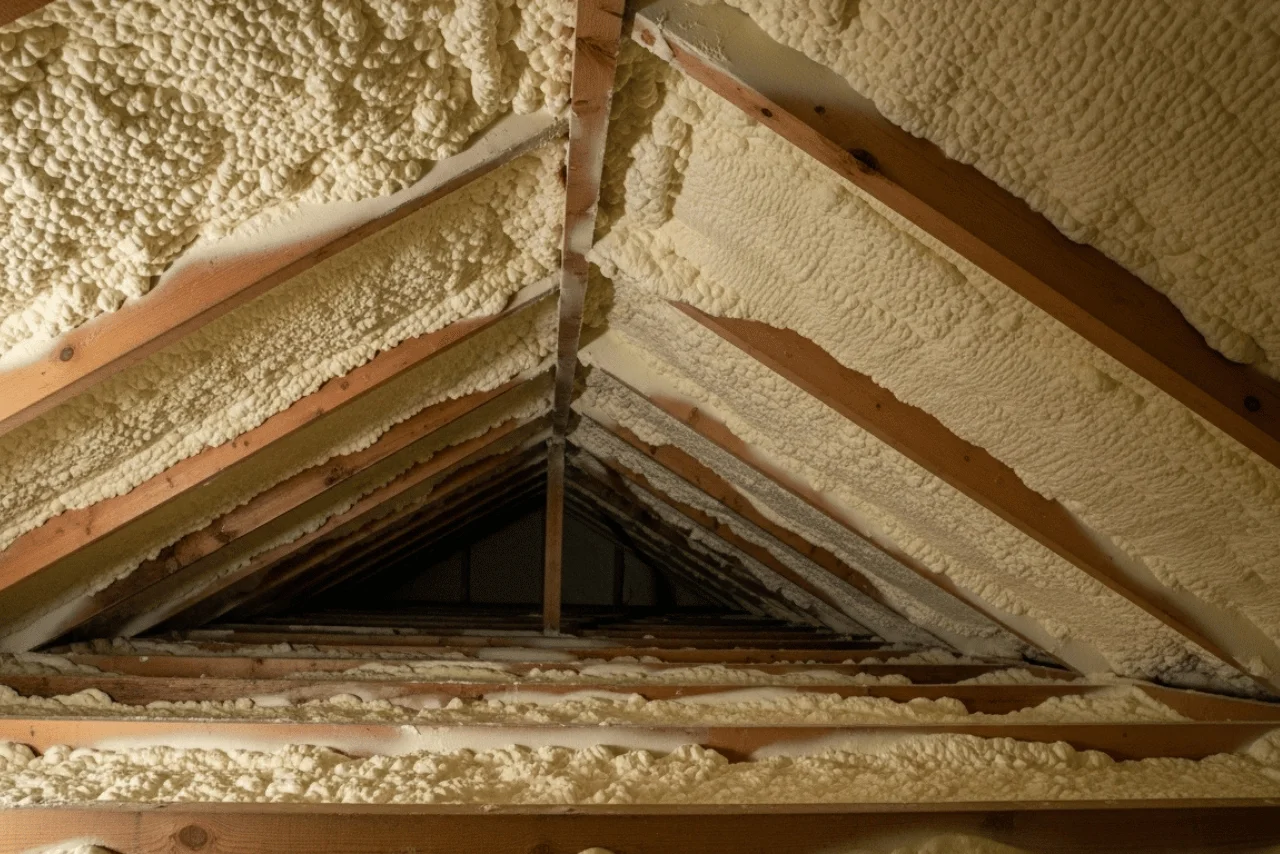 Problematic spray foam insulation applied to attic rafters before professional spray foam removal service in South Yorkshire property