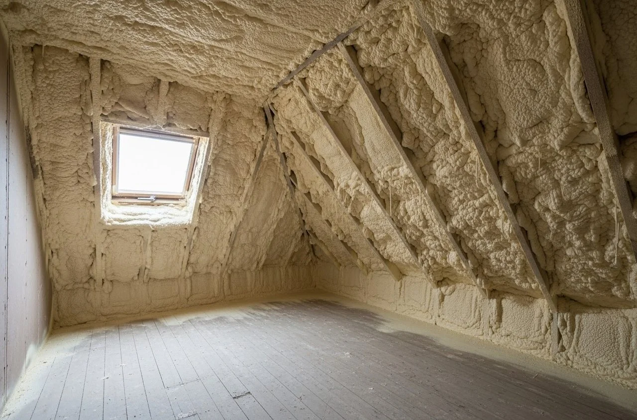 Problematic spray foam insulation on attic rafters in Norfolk property