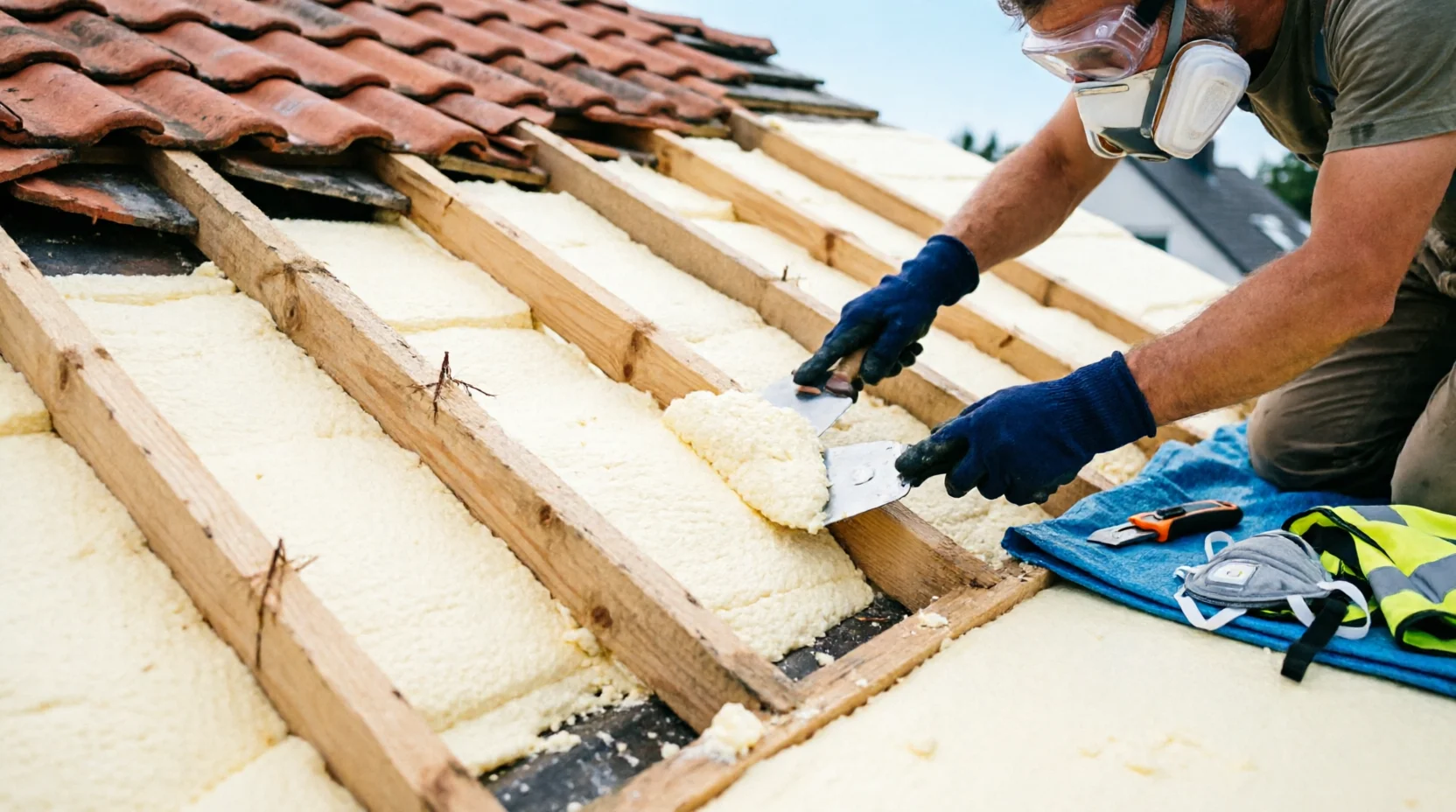 Worker removing spray foam insulation from roof with wooden beams and tiles - professional roof insulation removal