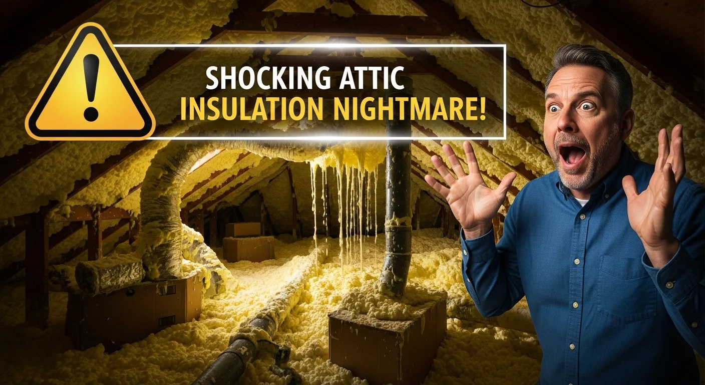 "Shocked homeowner discovering spray foam insulation problems in West Sussex attic loft - mortgage and survey warning signs"
