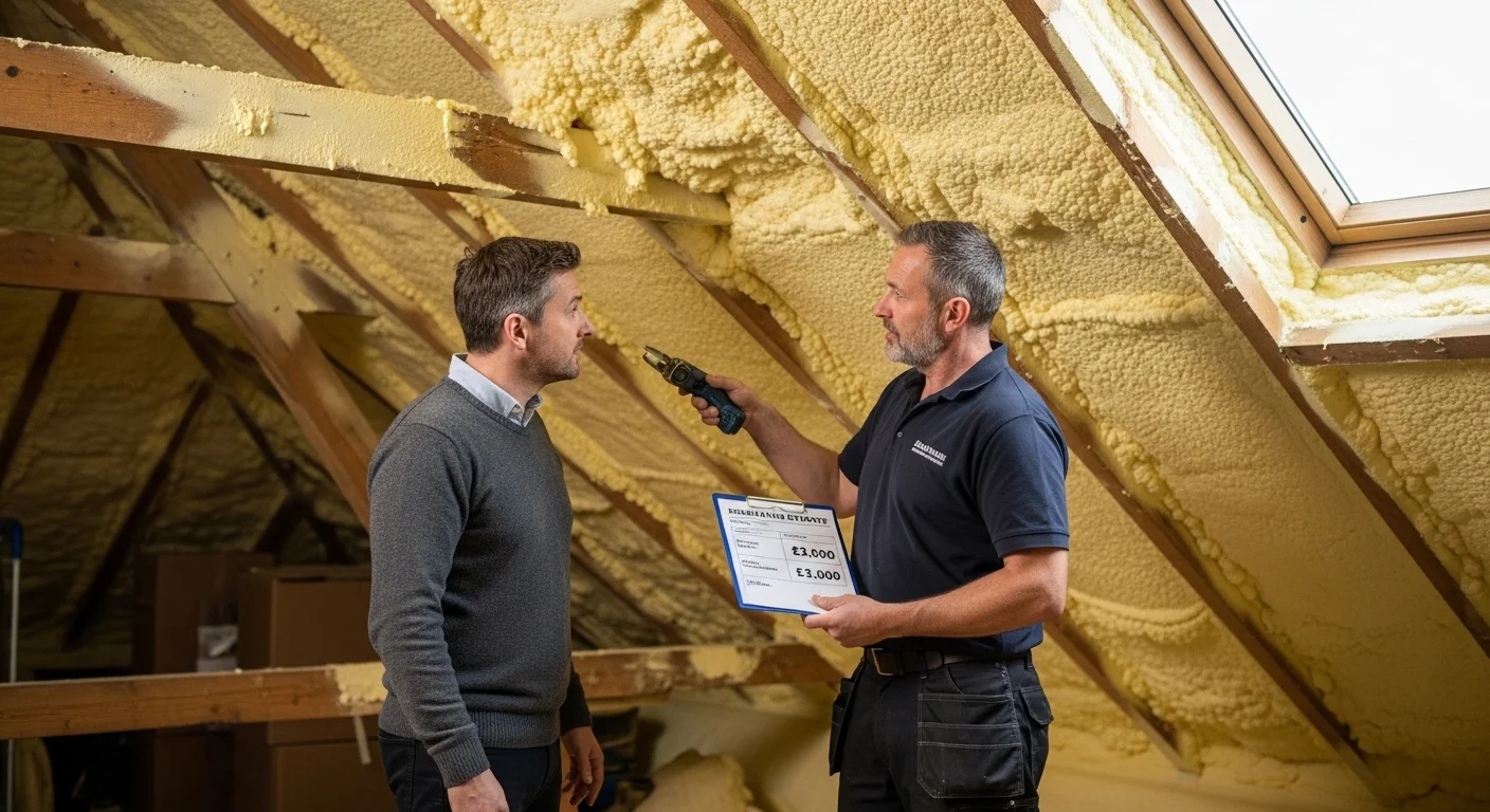 Spray Foam Removal Cost UK 2026: Professional survey showing £3,000 removal quote for semi-detached home. Free online estimate available. UK-wide coverage. Mortgage-friendly service with 10-year insurance-backed guarantee. Confederation of Roofing Contractors approved. Call 07846 196539 for instant quote