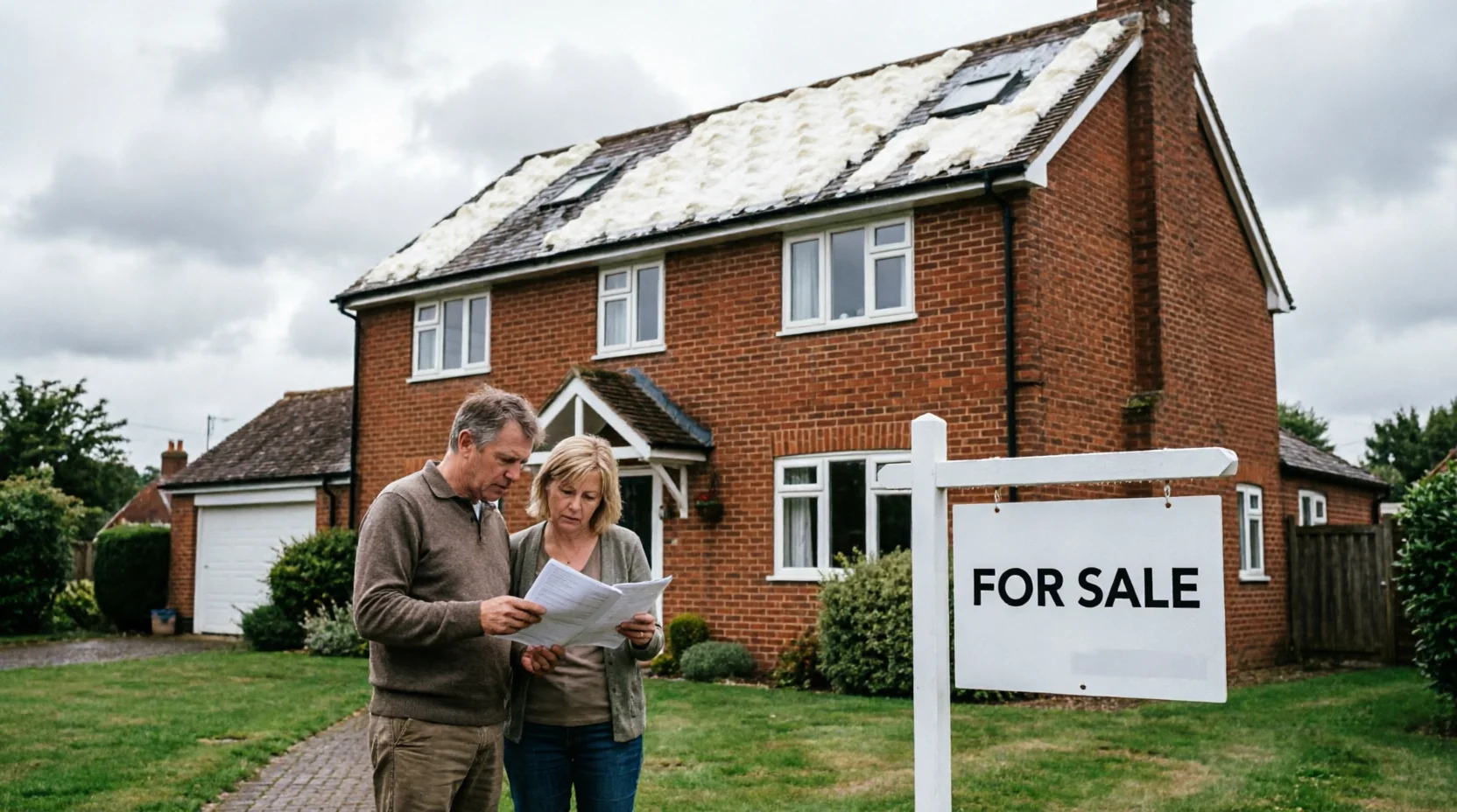 Homeowners struggling to sell house with spray foam removal in Hampshire - couple reviewing sale documents outside brick property with foam insulated roof