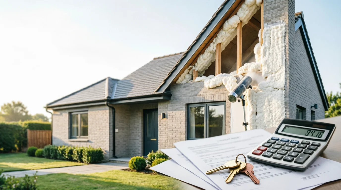 Spray foam insulation installation on Surrey UK house with mortgage documents and calculator