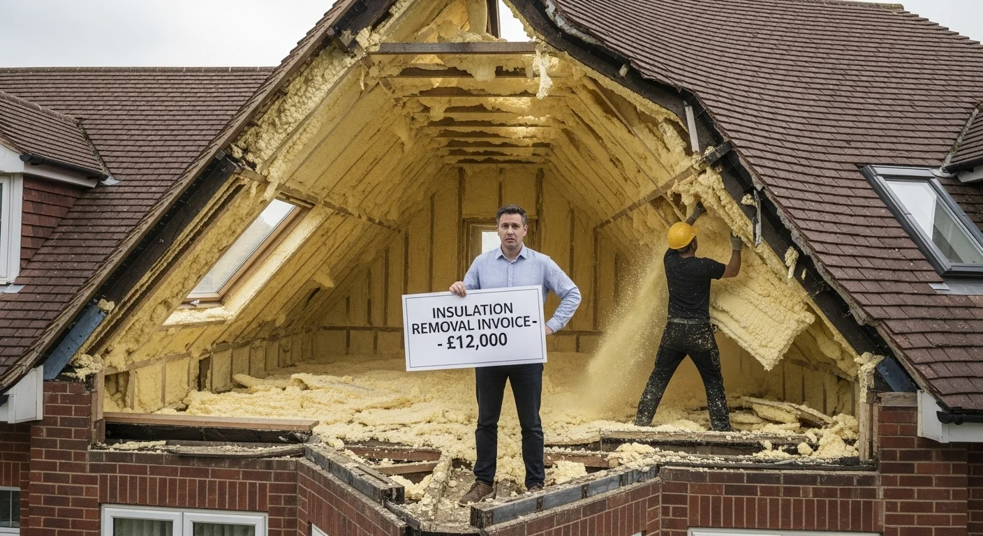 West Sussex homeowner facing £12,000 spray foam insulation removal cost - attic insulation removal invoice and mortgage problems UK