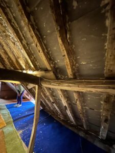 Loft renovation preparation in Buckinghamshire showing exposed wooden rafters, black breathable membrane, and blue protective floor covering