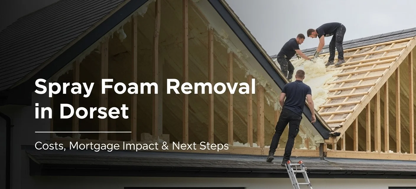 Professional spray foam removal in Dorset - workers removing insulation from roof structure