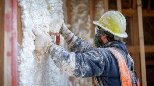 Construction worker trimming excess spray foam insulation on an interior wall frame in Rutland