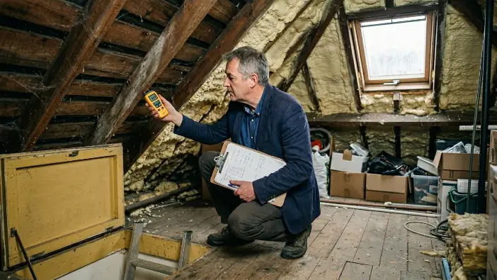 Mortgage surveyor inspecting spray foam insulation in Hampshire loft with moisture meter and clipboard - assessing properties for mortgage lender approval or refusal 2026