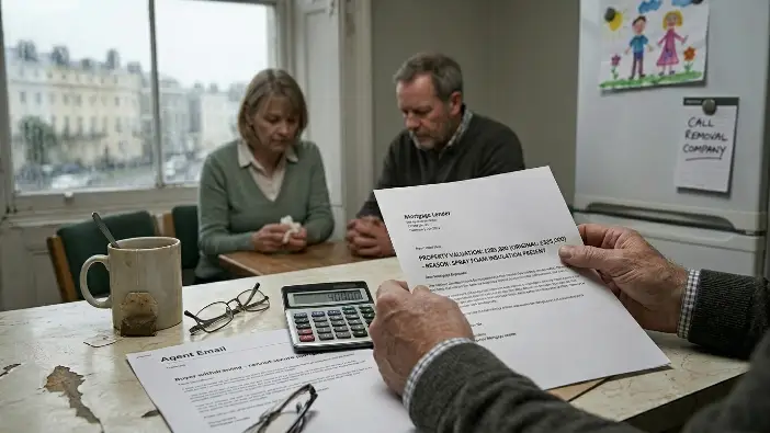 Couple reviewing mortgage survey discovering spray foam insulation during Brighton or Eastbourne house sale - steps to prevent property chain collapse 2026