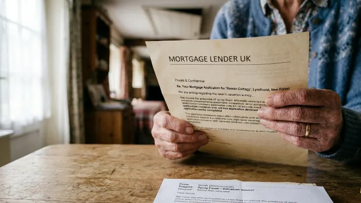 Homeowner holding mortgage lender letter regarding spray foam insulation valuation issues in New Forest, Hampshire - impact on equity release for Winchester homeowners