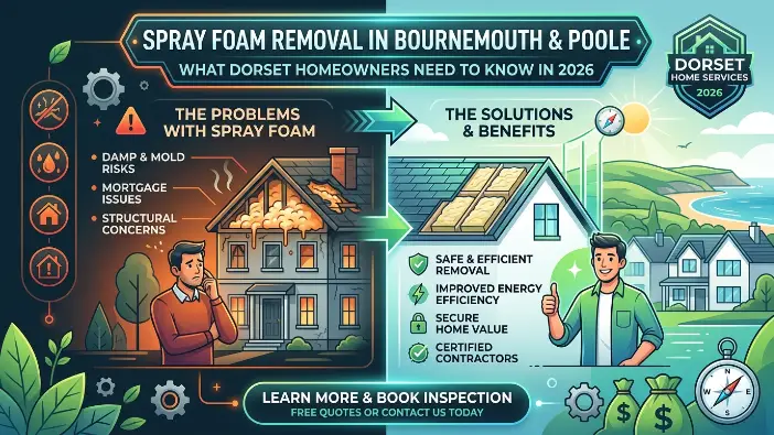 Spray foam removal in Bournemouth & Poole infographic showing damp, mold, mortgage problems vs safe removal solutions and certified contractors in Dorset 2026