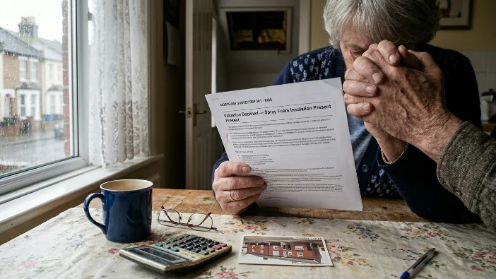 Stressed homeowner reviewing mortgage survey report stating 'Valuation Delayed - Spray Foam Insulation Present' in Hastings or Bexhill on Sea, calculating removal costs 2026