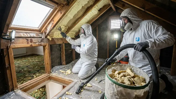 Professional spray foam removal in Littlehampton, Worthing and Bognor Regis - workers in protective suits removing insulation with vacuum equipment, costs and lender requirements 2026
