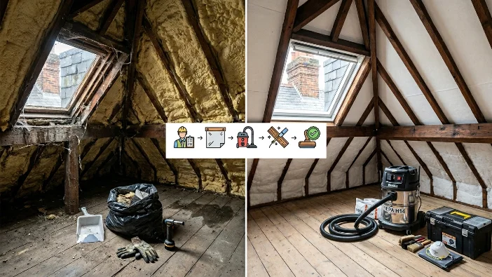 Before and after spray foam removal from loft - left shows foam on timbers with DIY tools, right shows clean exposed rafters with professional vacuum equipment 2026