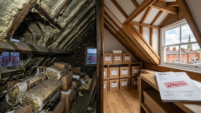 Before and after spray foam removal in Newark on Trent and Retford loft - left shows heavy foam insulation, right shows restored timber with RICS lender approved certificate 2026
