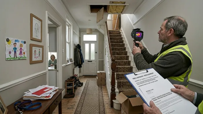Professional spray foam inspection in Portsmouth and Southampton home - surveyor with thermal imaging camera assessing loft before sale, Hampshire homeowners guide 2026