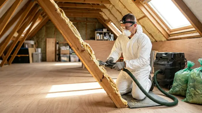 Professional spray foam insulation removal in Surrey attic - worker in protective gear removing foam from beams with vacuum equipment in Guildford, Woking, Reigate homes 2026