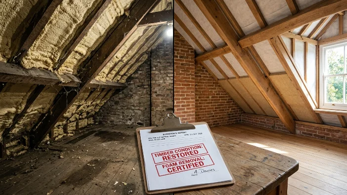 Before and after spray foam removal in Surrey Victorian and Edwardian loft - left shows foam on timbers, right shows restored timber and certified surveyor report
