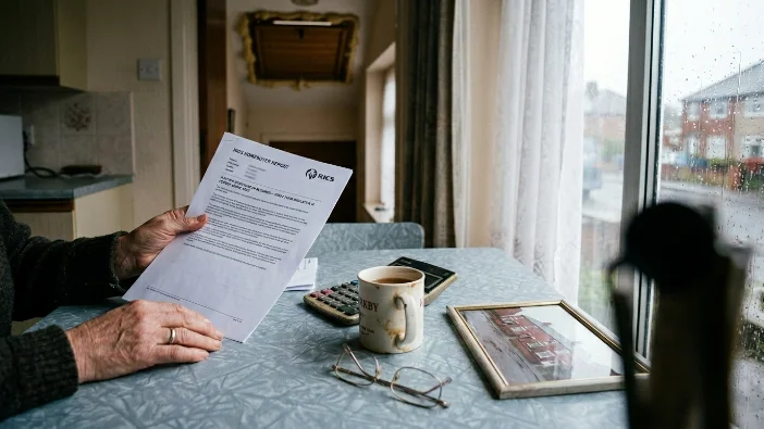 Homeowner reviewing RICS property survey report regarding spray foam insulation risks in Mansfield, Kirkby in Ashfield, and Sutton in Ashfield, Nottinghamshire 2026