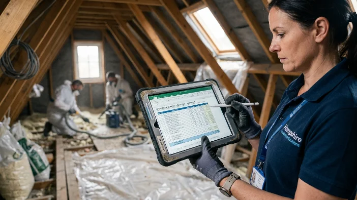 Professional surveyor checking spray foam removal costs on tablet in Hampshire loft - 2026 pricing inspection with workers removing insulation in background
