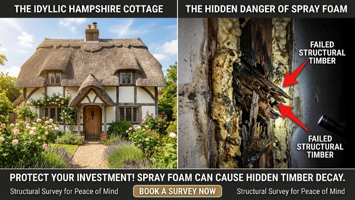 Hidden timber damage in Hampshire lofts caused by spray foam insulation - comparison of an idyllic Hampshire cottage exterior and rotting structural timber decay inside the roof