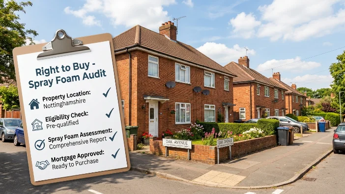 Right to Buy spray foam audit checklist for Nottinghamshire council homes - Property inspection checklist with brick houses showing eligibility check and spray foam assessment for right to buy buyers