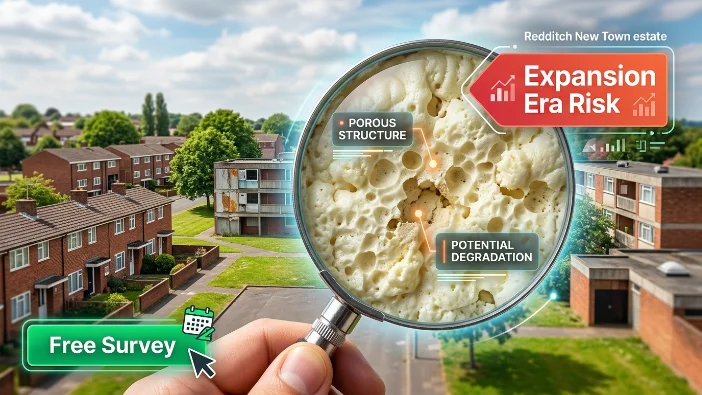 Magnifying glass revealing porous structure and potential degradation of spray foam insulation in a Redditch New Town estate - highlighting expansion era risks and free survey options