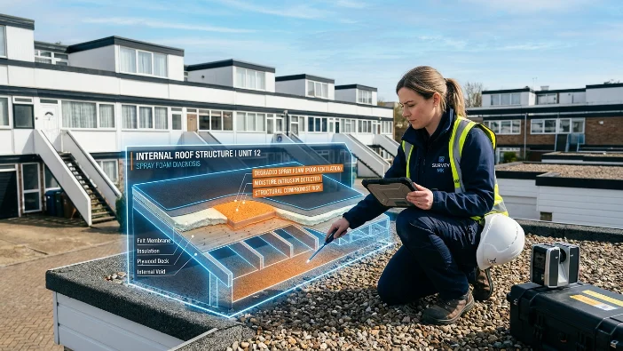 Spray foam Milton Keynes Netherfield - surveyor inspecting 1970s grid square home flat roof with digital internal structure analysis showing spray foam damage risks in Buckinghamshire