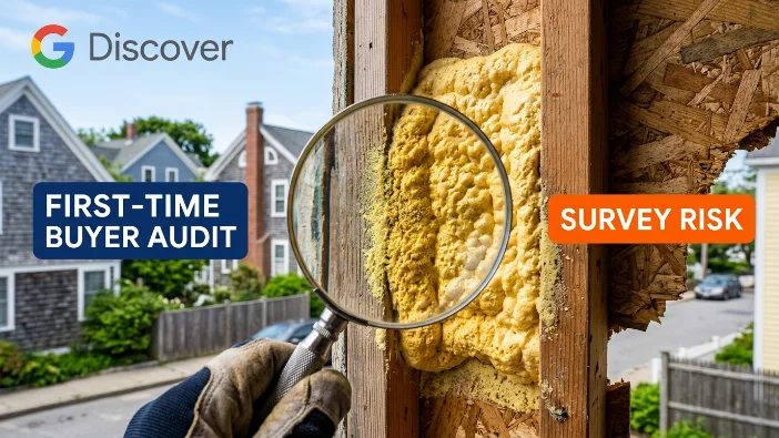 Spray foam Newport first-time buyer audit - magnifying glass inspecting yellow insulation in wooden frame for survey risks, helping new homeowners identify potential defects