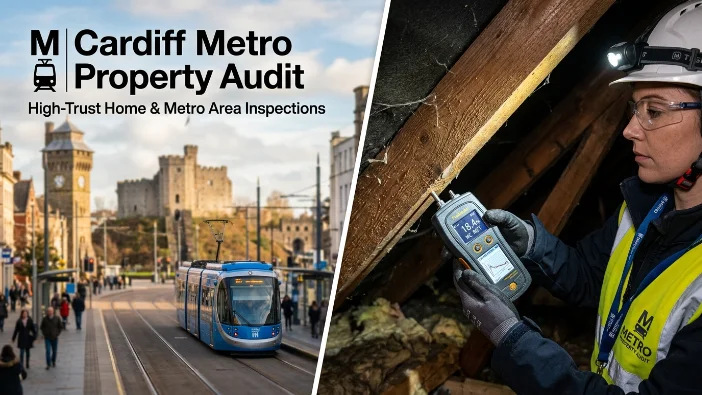 Spray foam removal Cardiff - RICS surveyor inspecting roof timber with a moisture meter alongside the Cardiff Metro tram and castle for a high-trust property audit