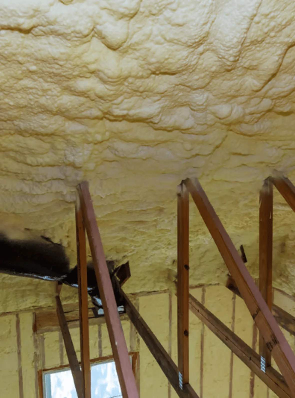 Spray foam insulation removal in Nottingham attic showing exposed roof rafters and ceiling foam extraction - professional spray foam removal services Nottingham