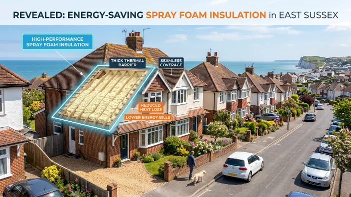 Spray foam East Sussex - aerial view of coastal homes in Seaford and Newhaven with a digital overlay showing roof insulation, highlighting the hidden problems of energy-saving spray foam