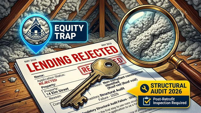 Spray foam zero valuation - lending rejected document with a key and magnifying glass inspecting insulation, highlighting an equity trap and the need for a 2026 structural audit