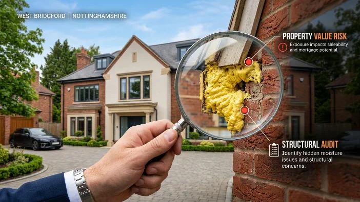 Magnifying glass revealing hidden spray foam insulation in a West Bridgford, Nottinghamshire home wall - highlighting property value risk and the need for a structural audit