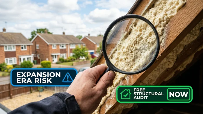 Magnifying glass inspecting spray foam insulation in a 1970s home in Huntingdon and St Ives - highlighting expansion era risks and offering a free structural audit