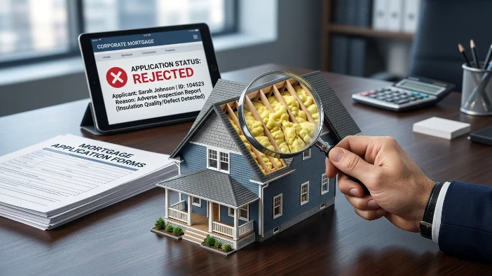 Mortgage application rejected due to spray foam insulation - lender refusing property loan in 2026 after inspection reveals insulation quality defects, with magnifying glass showing yellow spray foam in roof