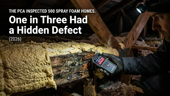 PCA inspected spray foam homes hidden defect - surveyor using a moisture meter on rotting roof timber covered in insulation, revealing hidden structural defects in 2026