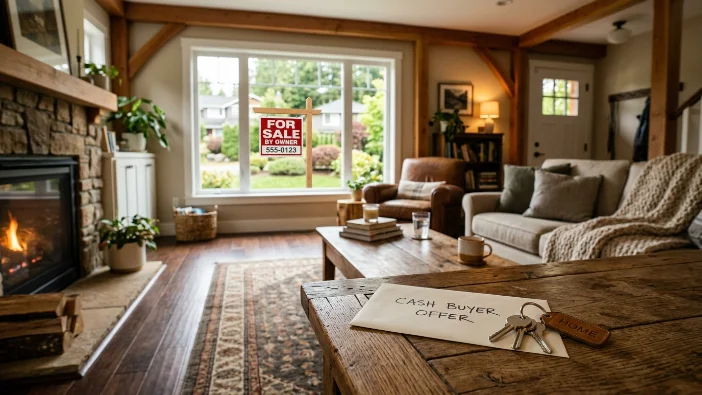 Selling a spray foam property to a cash buyer - living room interior with a for sale sign in the window and a cash buyer offer note with house keys on the table