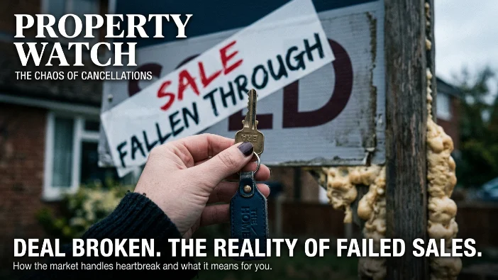 Spray foam Bromsgrove - hand holding house keys in front of a 'Sale Fallen Through' sign with spray foam visible, illustrating a broken property deal and failed home sale in 2026