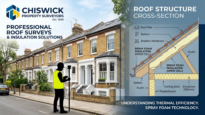 Spray foam in Chiswick - surveyor in front of W4 terraced houses alongside a roof structure cross-section diagram showing open cell spray foam insulation, explaining why desirable streets keep failing property surveys in 2026