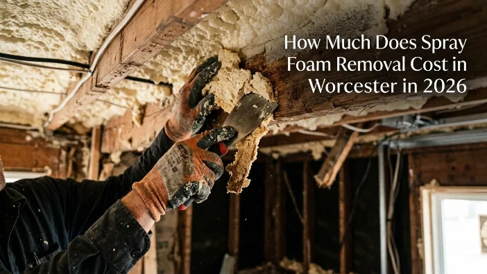 Spray foam removal Worcester - worker removing insulation from roof timbers showing the cost and process of spray foam extraction in 2026