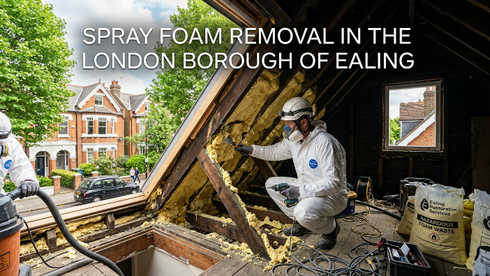 Spray foam removal in Ealing - workers in protective gear extracting yellow insulation from a London borough home loft, revealing hidden problems with roof timbers and insulation issues in 2026